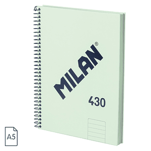 Milan 430 Since 1918 Cuaderno A5 con Espiral - Papel a Lineas de 7mm - 80 Hojas de 95g - Tapa Dura - Color Menta