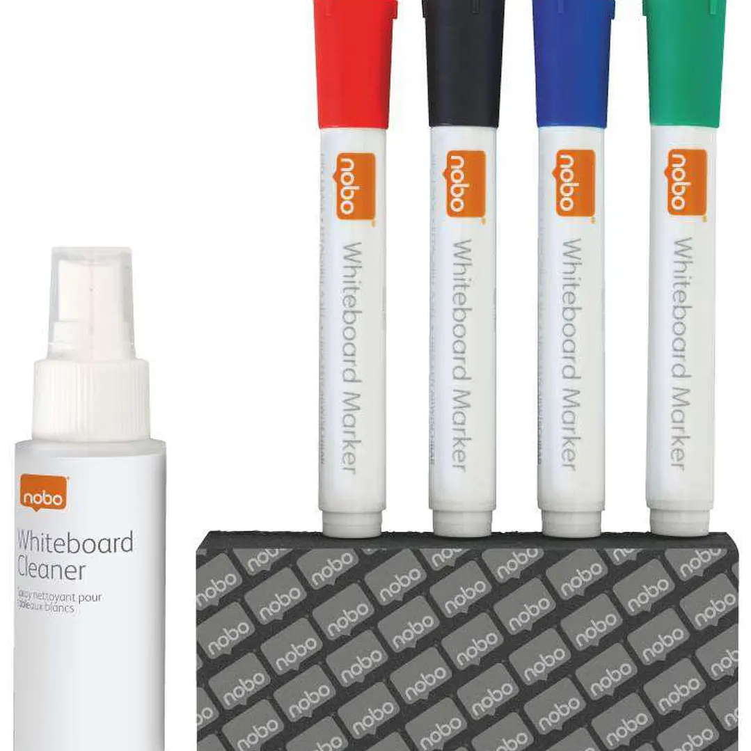Nobo Pack de Accesorios para Pizarra Blanca - Incluye: 4 Rotuladores Pizarra, Borrador y Spray Limpiador 50Ml - Colores de los Rotuladores Negro, Azul 1