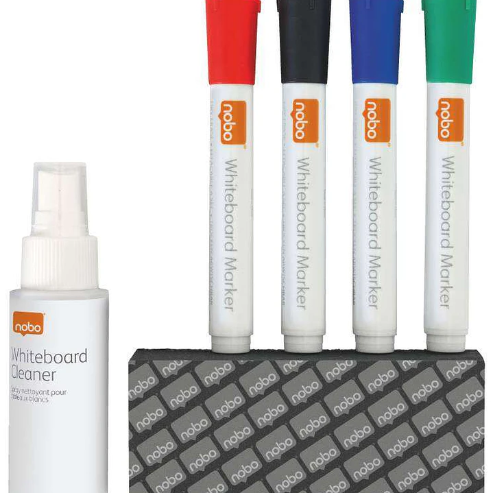 Nobo Pack de Accesorios para Pizarra Blanca - Incluye: 4 Rotuladores Pizarra, Borrador y Spray Limpiador 50Ml - Colores de los Rotuladores Negro, Azul 1