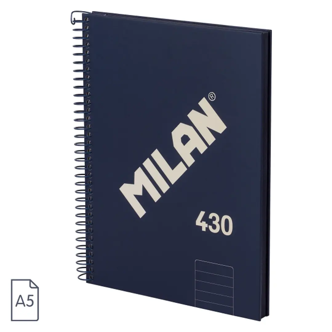Milan 430 Since 1918 Cuaderno A5 con Espiral - Papel a Lineas de 7mm - 80 Hojas de 95g - Tapa Dura - Color Azul 1