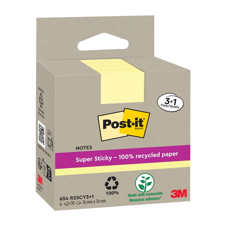 Post-It Super Sticky Pack de 4 Blocs de 70 Notas Adhesivas Recicladas - Forma Cuadrada - 76x76mm - Color Amarillo Claro 1