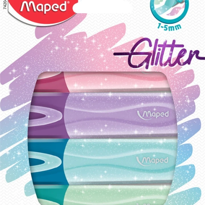 Maped Glitter Pastel Pack de 4 Marcadores Fluorescentes Pastel con Purpurina - Punta Biselada - Trazo de 1 a 5mm - Ideal para Subrayar y Resaltar - Co 1