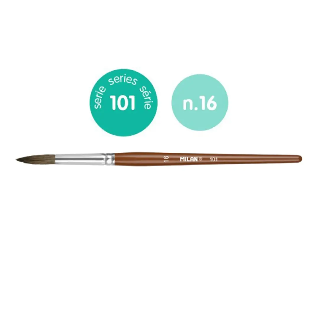 Milan 101 Pack de 6 Pinceles Escolares Redondos Numero 16 - Bolsa con Colgador - Pelo de Cabra y Sintetico - Color Madera Oscuro 1