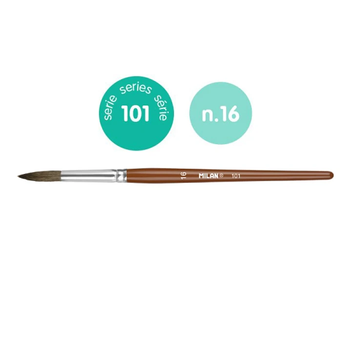 Milan 101 Pack de 6 Pinceles Escolares Redondos Numero 16 - Bolsa con Colgador - Pelo de Cabra y Sintetico - Color Madera Oscuro 1
