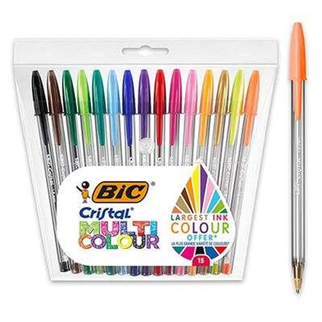Bic Cristal Multicolour Pack de 15 Boligrafos de Bola - Punta 1.6mm - Trazo 0.42mm - Tinta con Base de Aceite - Colores Surtidos 1