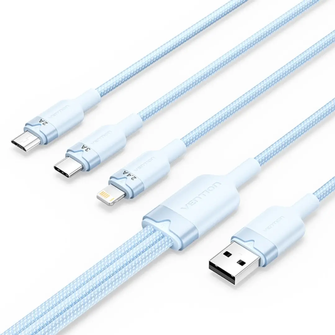 Vention Cable USB-A 2.0 a USB-C, Lightning, Micro-B 3A - 1.5m - Trenzado - Color Azul 1