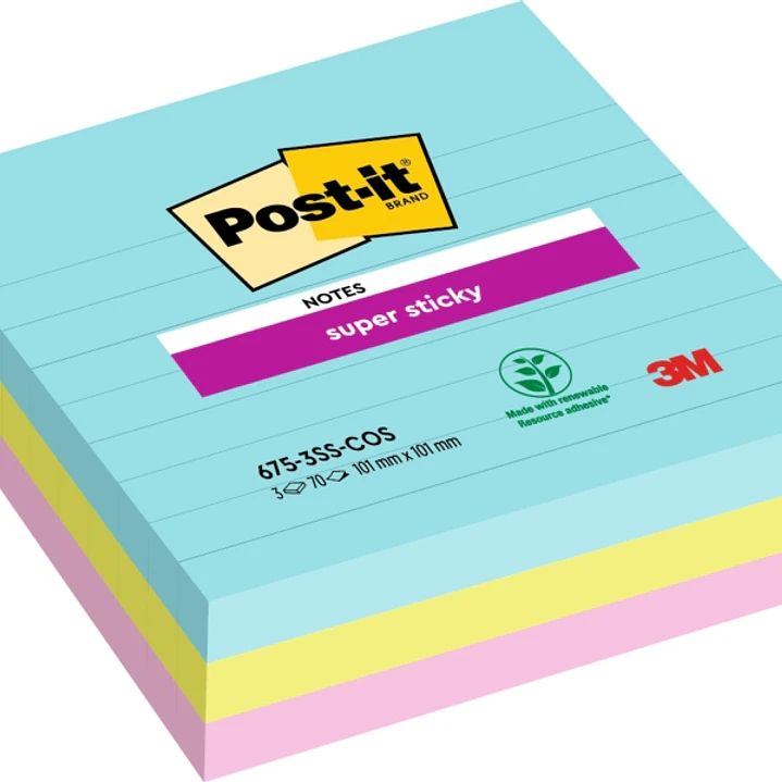 Post-It Super Sticky Pack de 3 Blocs de 70 Notas Adhesivas Reposicionables - Forma Cuadrada - 101x101mm - Colores Surtidos 1