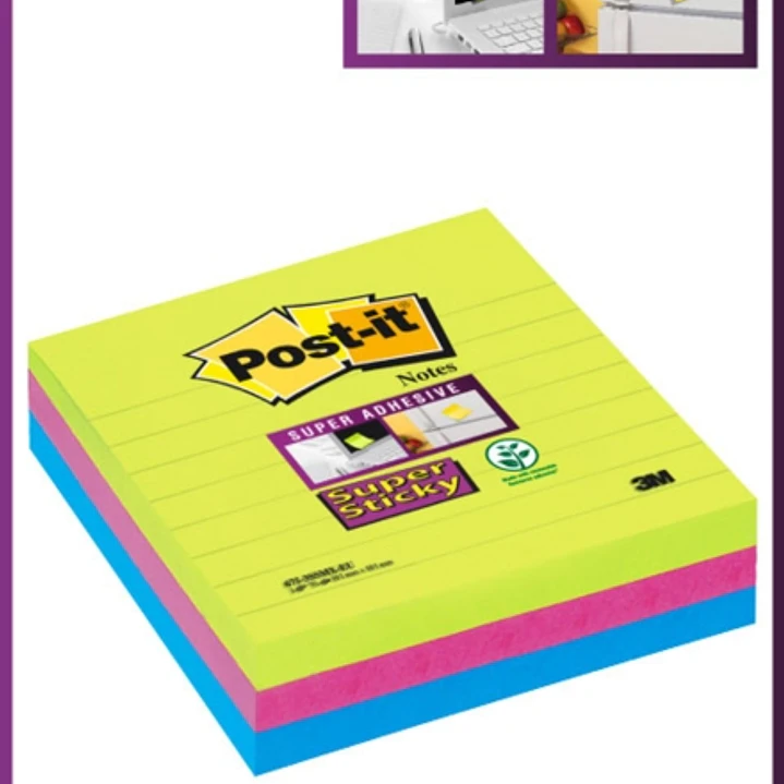 Post-It Super Sticky Pack de 3 Blocs de 70 Notas Adhesivas Reposicionables - 101x101mm - 100% PEFC - Colores Surtidos 1