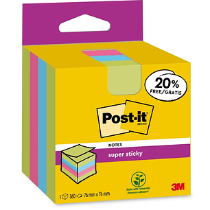 Post-It Super Sticky Cubo de 300 Notas Adhesivas Reposicionables - 76x76mm - 100% PEFC - Colores Surtidos