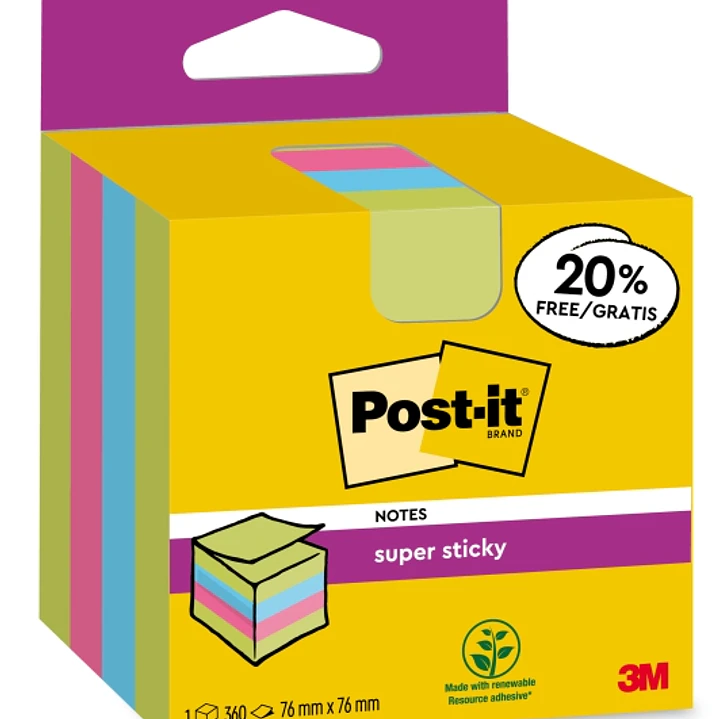 Post-It Super Sticky Cubo de 300 Notas Adhesivas Reposicionables - 76x76mm - 100% PEFC - Colores Surtidos 1