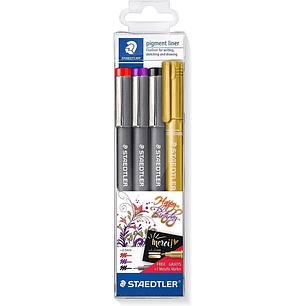 Staedtler Pigment Liner 308 Pack de 4 Rotuladores Calibrados - Trazo 0.5mm - Secado Rapido - Colores Surtidos