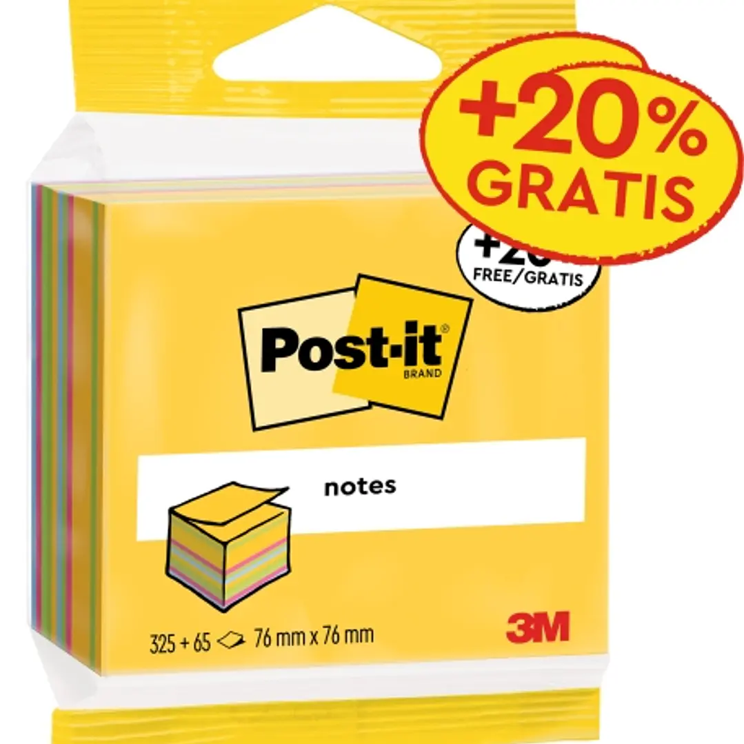Post-It Cubo de 390 Notas Adhesivas Reposicionables - Forma Cuadrada - 76x76mm - Colores Surtidos 1