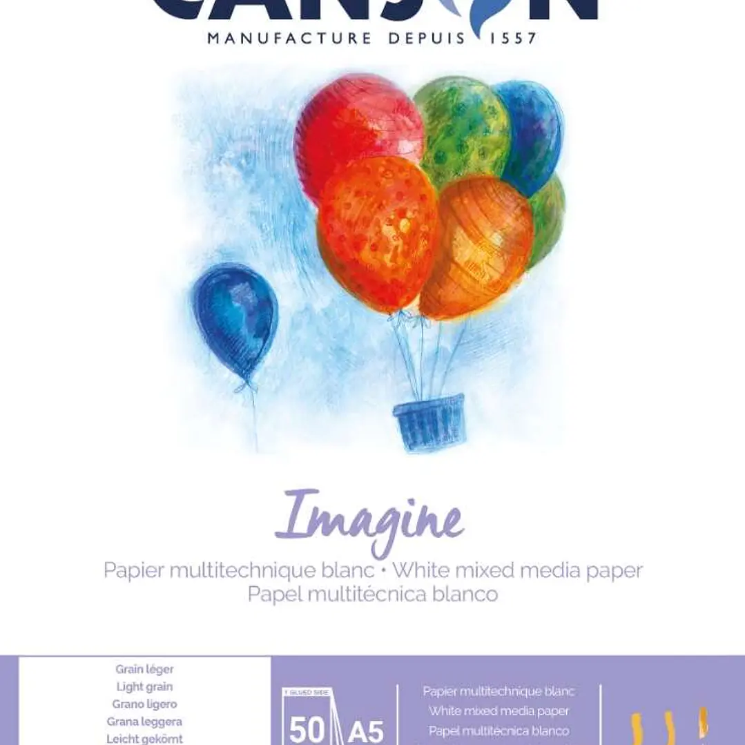 Canson Imagine Bloc Encolado de 50 Hojas A5 - Grano Fino - 14,8x21cm - 200g - Color Blanco 1