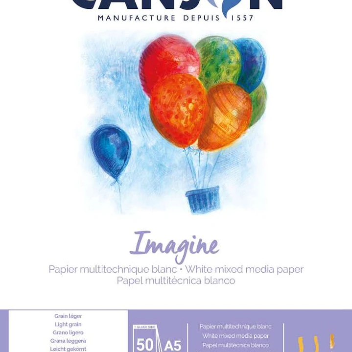 Canson Imagine Bloc Encolado de 50 Hojas A5 - Grano Fino - 14,8x21cm - 200g - Color Blanco 1