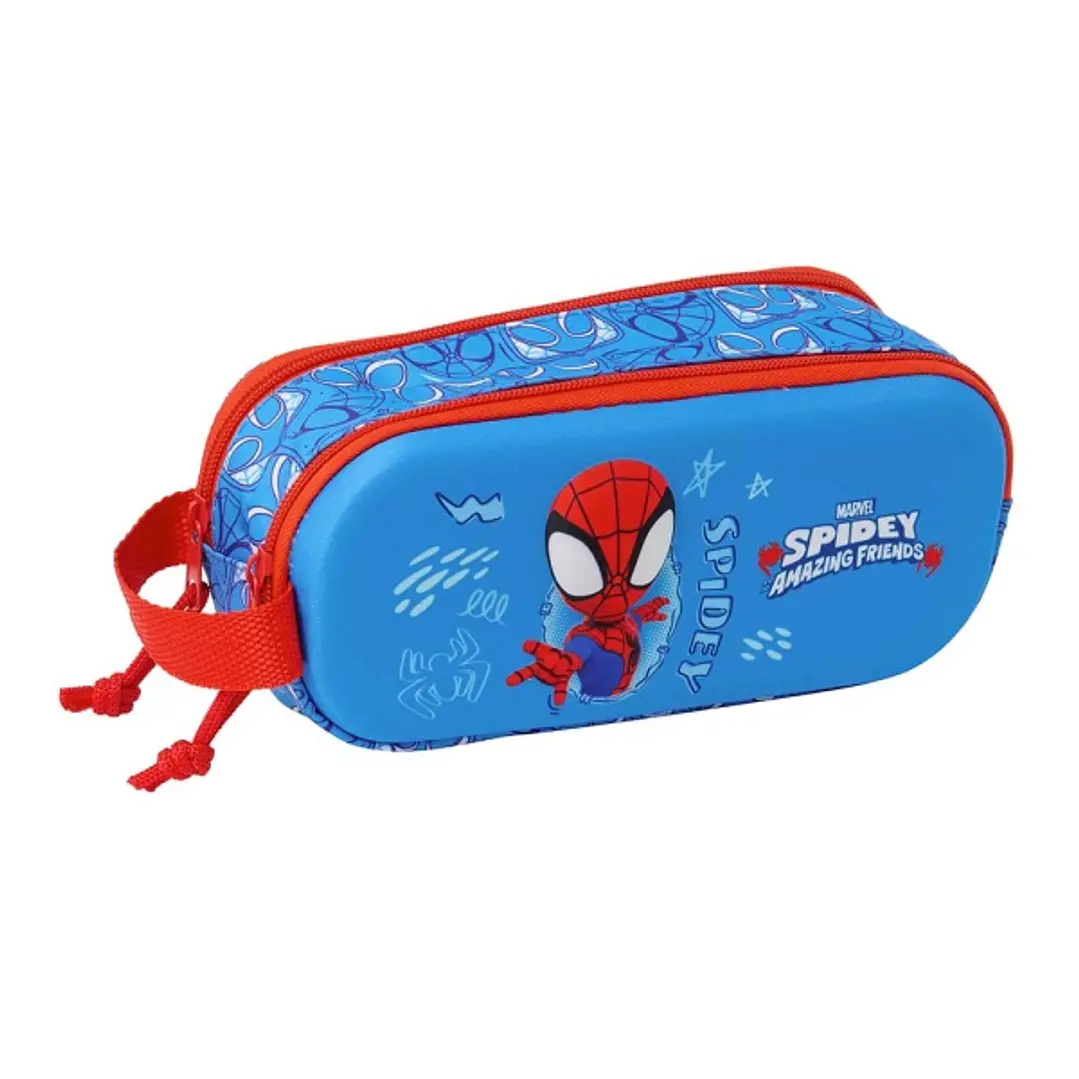 Safta Spidey Estuche Portatodo 3D de 1L - 2 Compartimentos - Cierre de Cremallera - Asa de Mano - 21x8x6cm - Color Rojo y Azul 1