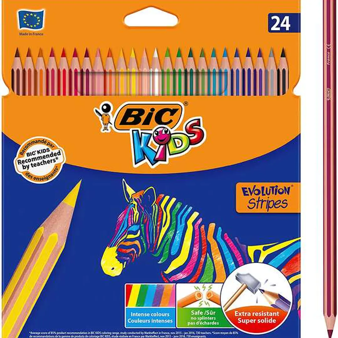 Bic Kids Evolution Stripes Caja de 24 Lapices de Colores surtidos - Fabricados en Resina - Punta Ultraresistente - Mina Pigmentada de 3.20 mm 1