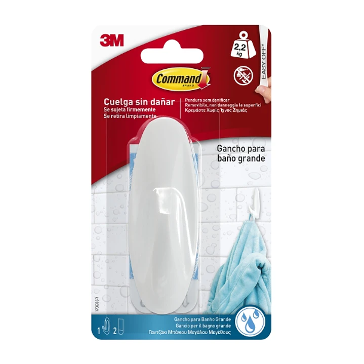 Command Gancho Grande para Aseo - Resistente al Agua - 2 Tiras Adhesivas - Soporta hasta 2.2kg - Color Blanco 1