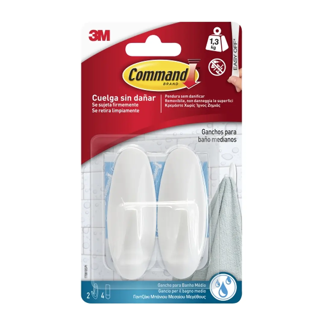 Command Pack de 2 Ganchos Medianos para Aseo - Resistente al Agua - 4 Tiras Adhesivas - Soporta hasta 1.3kg - Color Blanco 1