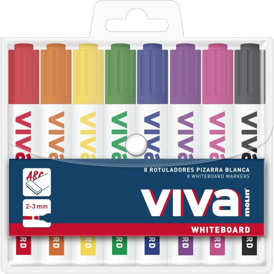 Molin Viva Pack de 8 Rotuladores para Pizarra Blanca - Punta Redonda de Fibra Sintetica - Trazo 3mm - Tinta con Base de Alcohol - Colores Surtidos 1
