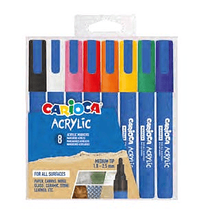Carioca Acrylic Pack de 8 Marcadores de Pintura Acrilica - Punta Redonda Media 1.8-2.5mm - Tinta a Base de Agua - Alta Cobertura - Colores Surtidos