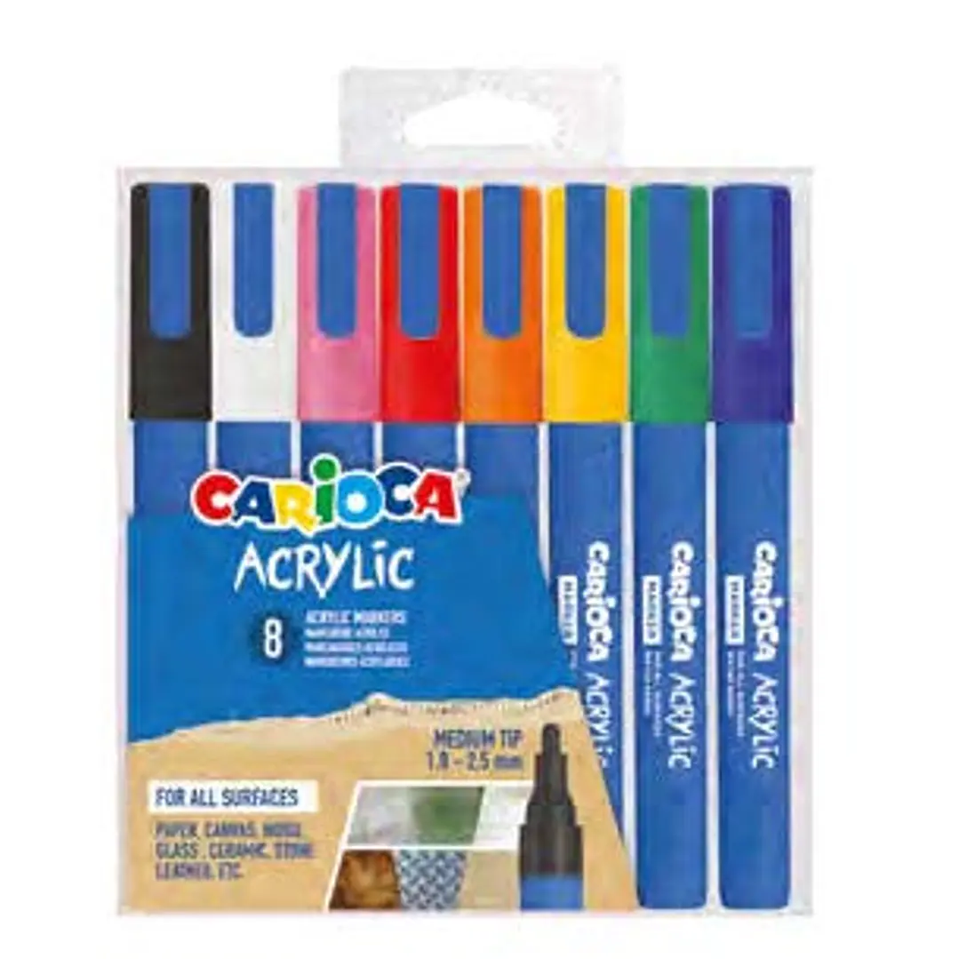 Carioca Acrylic Pack de 8 Marcadores de Pintura Acrilica - Punta Redonda Media 1.8-2.5mm - Tinta a Base de Agua - Alta Cobertura - Colores Surtidos 1