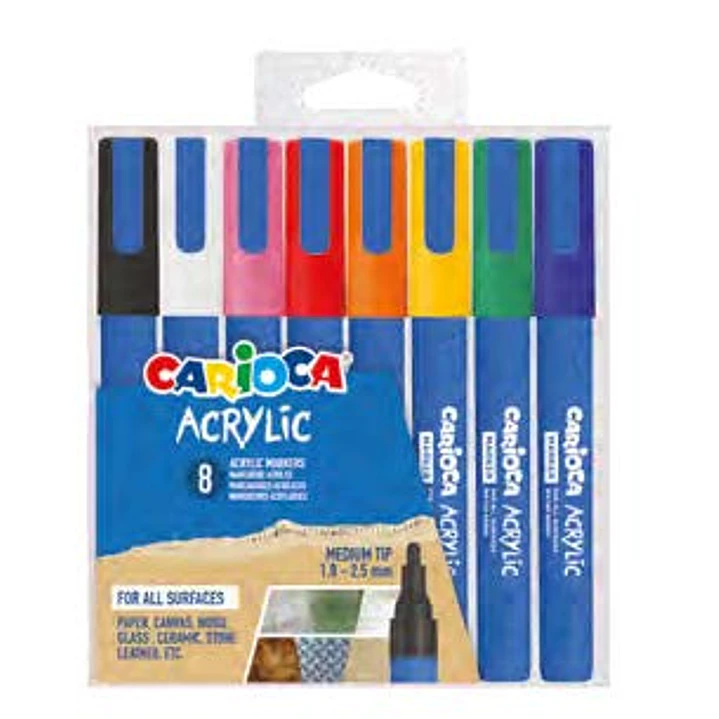 Carioca Acrylic Pack de 8 Marcadores de Pintura Acrilica - Punta Redonda Media 1.8-2.5mm - Tinta a Base de Agua - Alta Cobertura - Colores Surtidos 1
