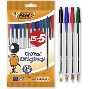 Bic Cristal Original 15+5 Pack de 20 Boligrafos de Bola - Punta Redonda de 1.0mm - Trazo 0.4mm - Tinta con Base de Aceite - Colores Surtidos