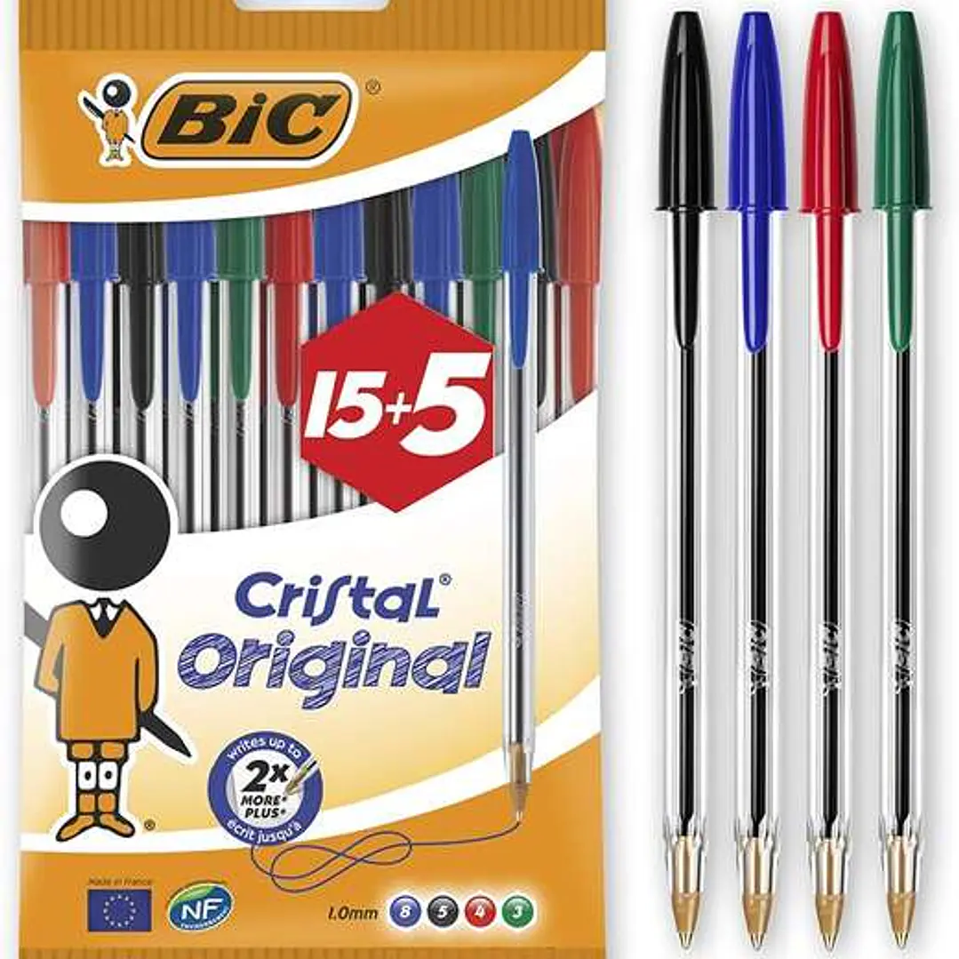 Bic Cristal Original 15+5 Pack de 20 Boligrafos de Bola - Punta Redonda de 1.0mm - Trazo 0.4mm - Tinta con Base de Aceite - Colores Surtidos 1