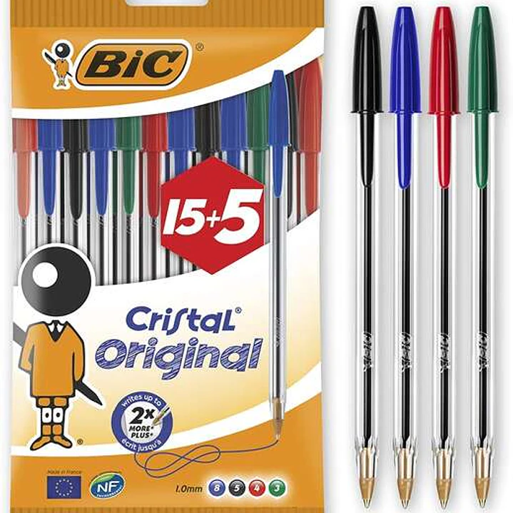 Bic Cristal Original 15+5 Pack de 20 Boligrafos de Bola - Punta Redonda de 1.0mm - Trazo 0.4mm - Tinta con Base de Aceite - Colores Surtidos 1
