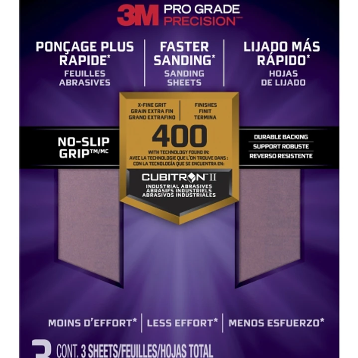 3M Pro Grade Precision Pack de 3 Hojas de Lijado - Grano 400 Extrafino - 22.8x27.9cm - Rendimiento Superior - Reduccion de Fatiga - Color Morado 1