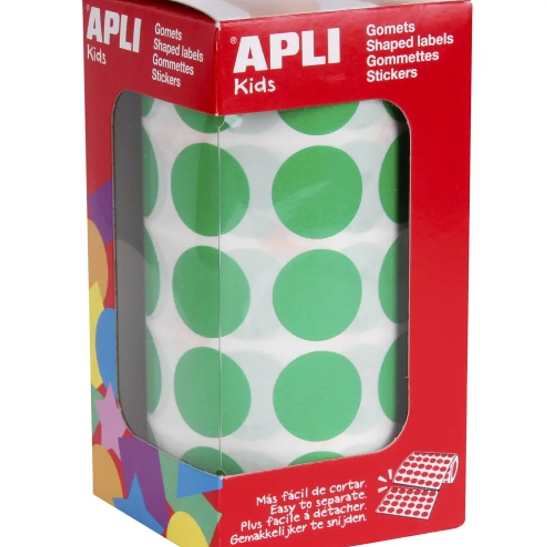 Apli Rollo de 1.770 Gomets Redondos Ø 20mm - Adhesivo Permanente con Base de Agua - Libre de Disolventes - Color Verde 1
