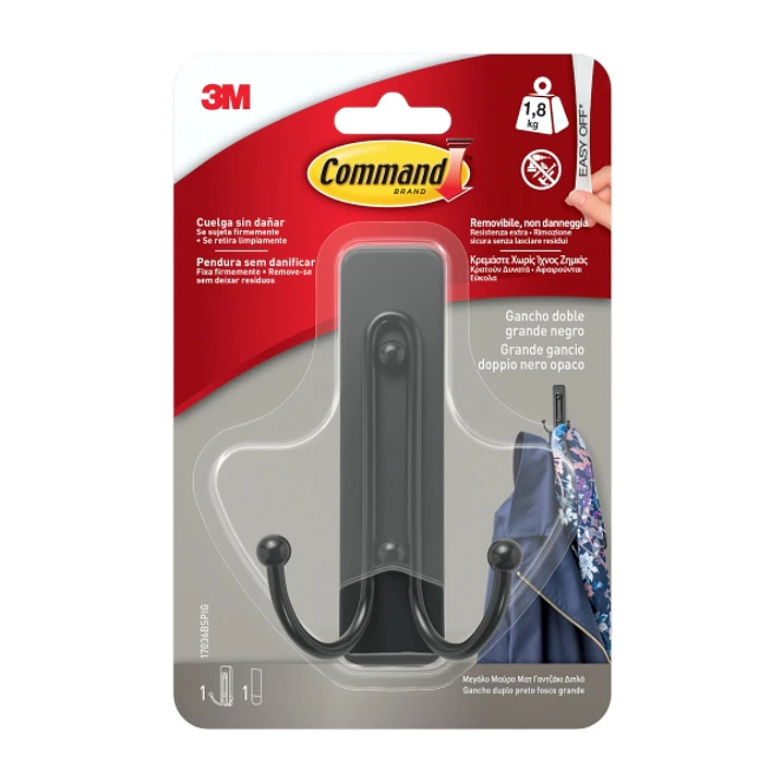 Command Gancho Doble Grande - 1 Tira Adhesiva - Soporta hasta 1.8kg - Color Negro 1