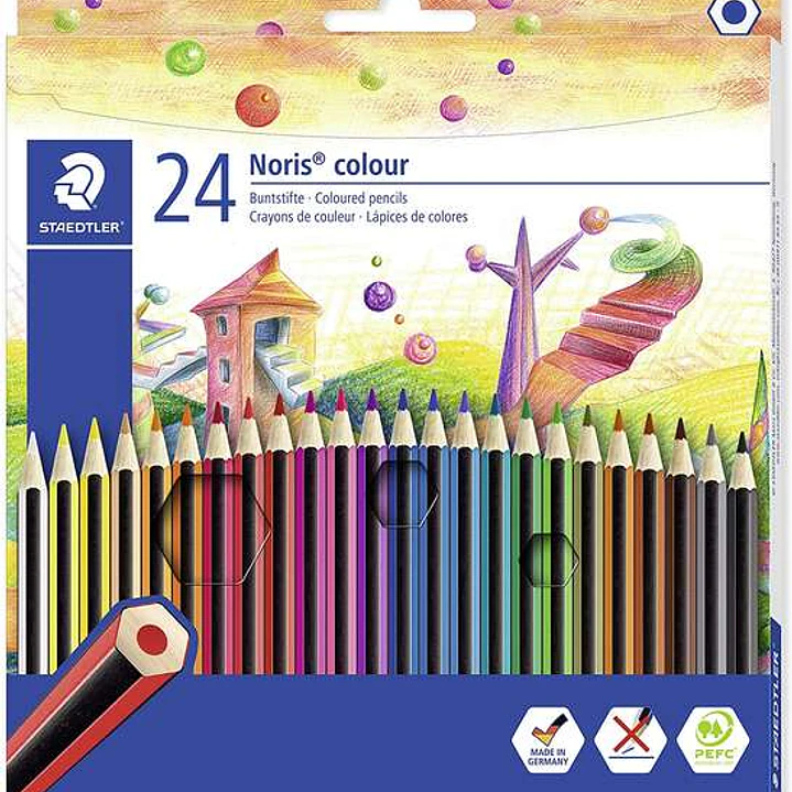 Staedtler Noris Colour 185 Pack de 24 Lapices Hexagonales de Colores - Fabricados en Wopex - Muy Resistentes - Madera de Fuentes Sostenibles - Colores 1