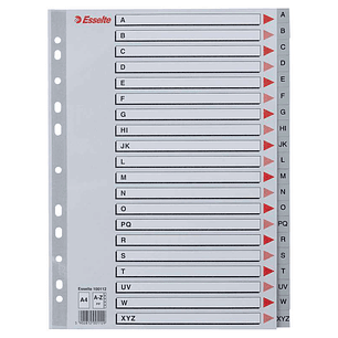 Esselte Indice Abecedario de Plastico con Caratula A4 - Tipo A-Z - Cartulina Indice: Carton Gris - Material PP - Tamaño A4 - Multitaladro - Presentaci