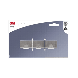3M Gancho Adhesivo en Barra Metalica - Barra con 3 Ganchos - Soporta hasta 2.8kg - Color Gris Metalizado