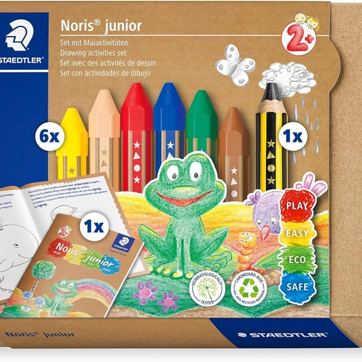 Staedtler Noris Junior Conjunto de Actividades Pack de 6 Ceras de Colores + Lapiz de Grafito Extragrueso + Folleto de Actividades - Colores Surtidos 1