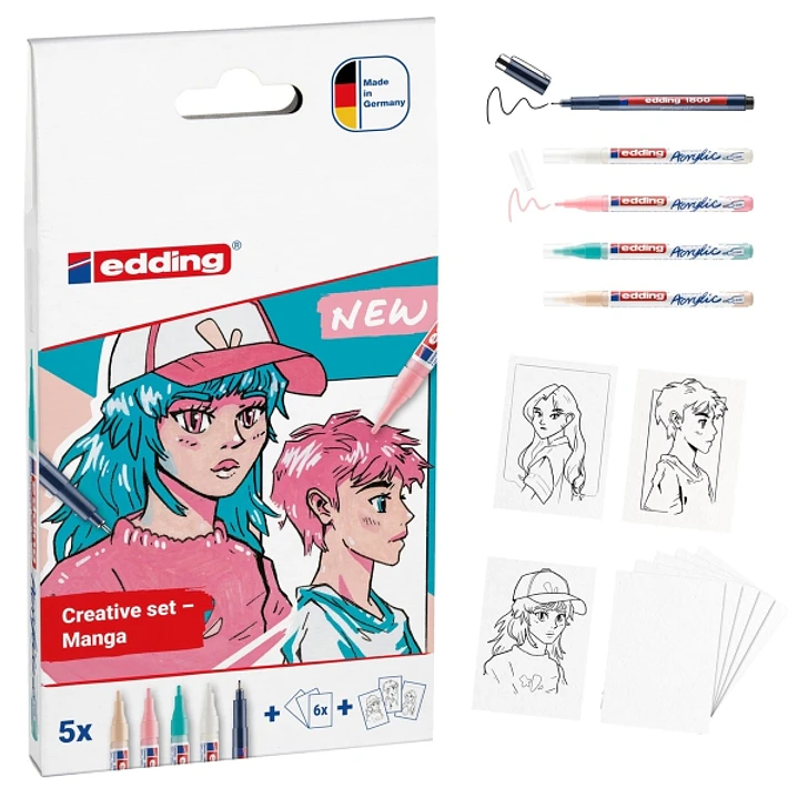 Edding Set Acrilico Manga Pack de 4 Rotuladores 5300 + 1 Rotulador 1800 + 6 Tarjetas en Blanco + 3 Plantillas + 1 Folleto con Instrucciones - Colores  1
