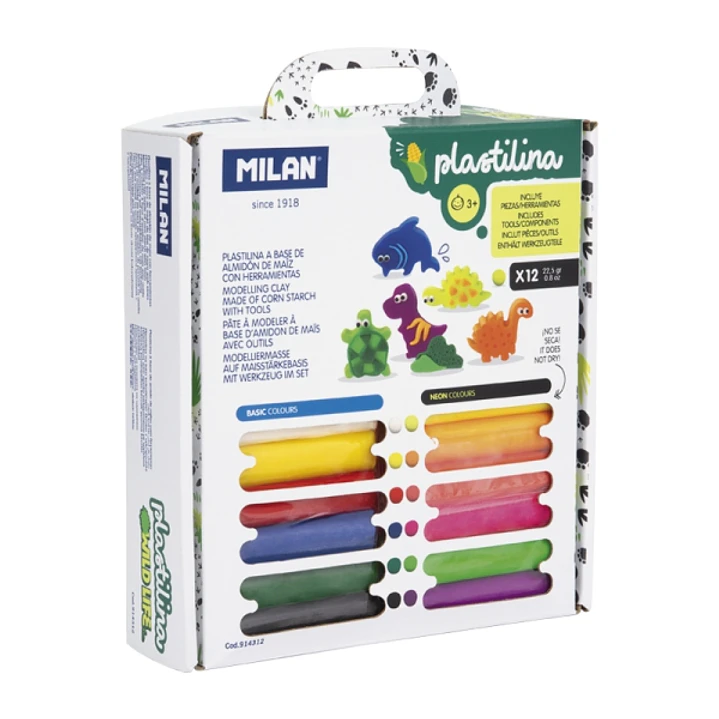 Milan Wild Life Pack de 12 Barritas de Plastilina de Colores - 100% Vegetal - Muy Moldeable - No Se Seca - Colores Mezclables - Maletin con Herramient 1