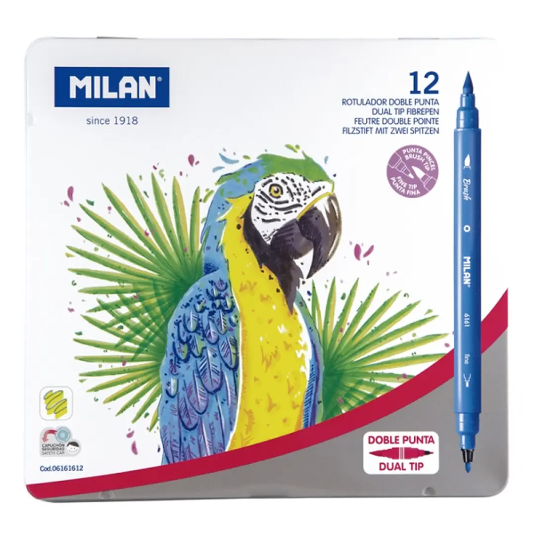 Milan Pack de 12 Rotuladores Doble Punta - Caja Metalica - Punta Fina 2mm - Pincel 0.5 a 4mm - Colores Surtidos 1