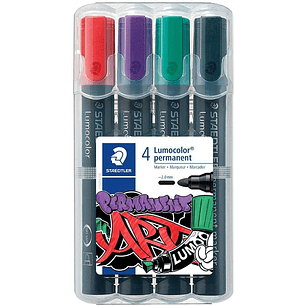 Staedtler Lumocolor 352 Pack de 4 Marcadores Permanentes - Secado Rapido - Practico Estuche de Sobremesa - Colores Rojo, Morado, Verde y Negro