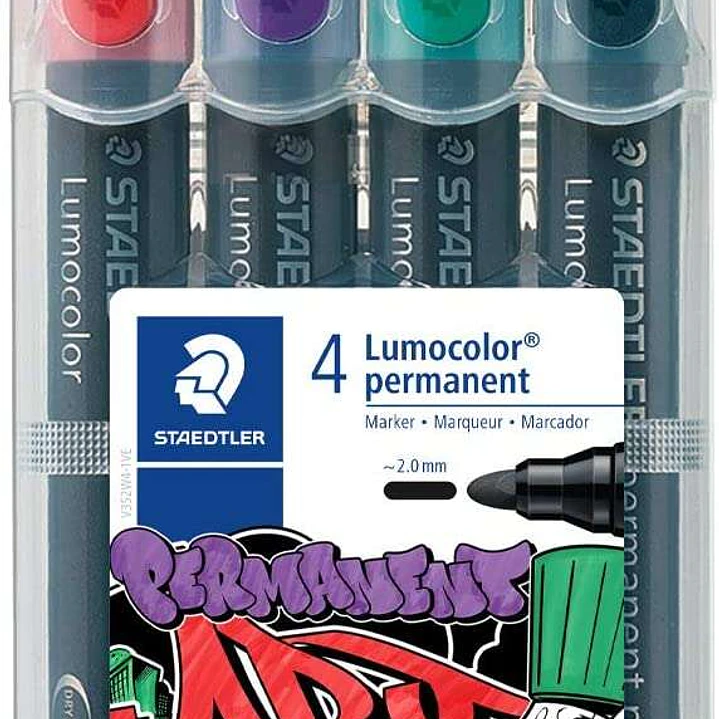 Staedtler Lumocolor 352 Pack de 4 Marcadores Permanentes - Secado Rapido - Practico Estuche de Sobremesa - Colores Rojo, Morado, Verde y Negro 1