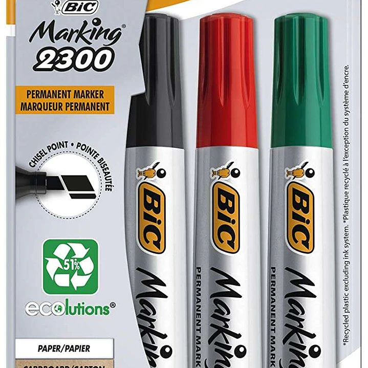 Bic Marking 2300 Ecolutions Pack de 4 Rotuladores Permanentes - Punta Biselada - Tinta con Base de Alcohol - Ecologico - Colores Surtidos 1