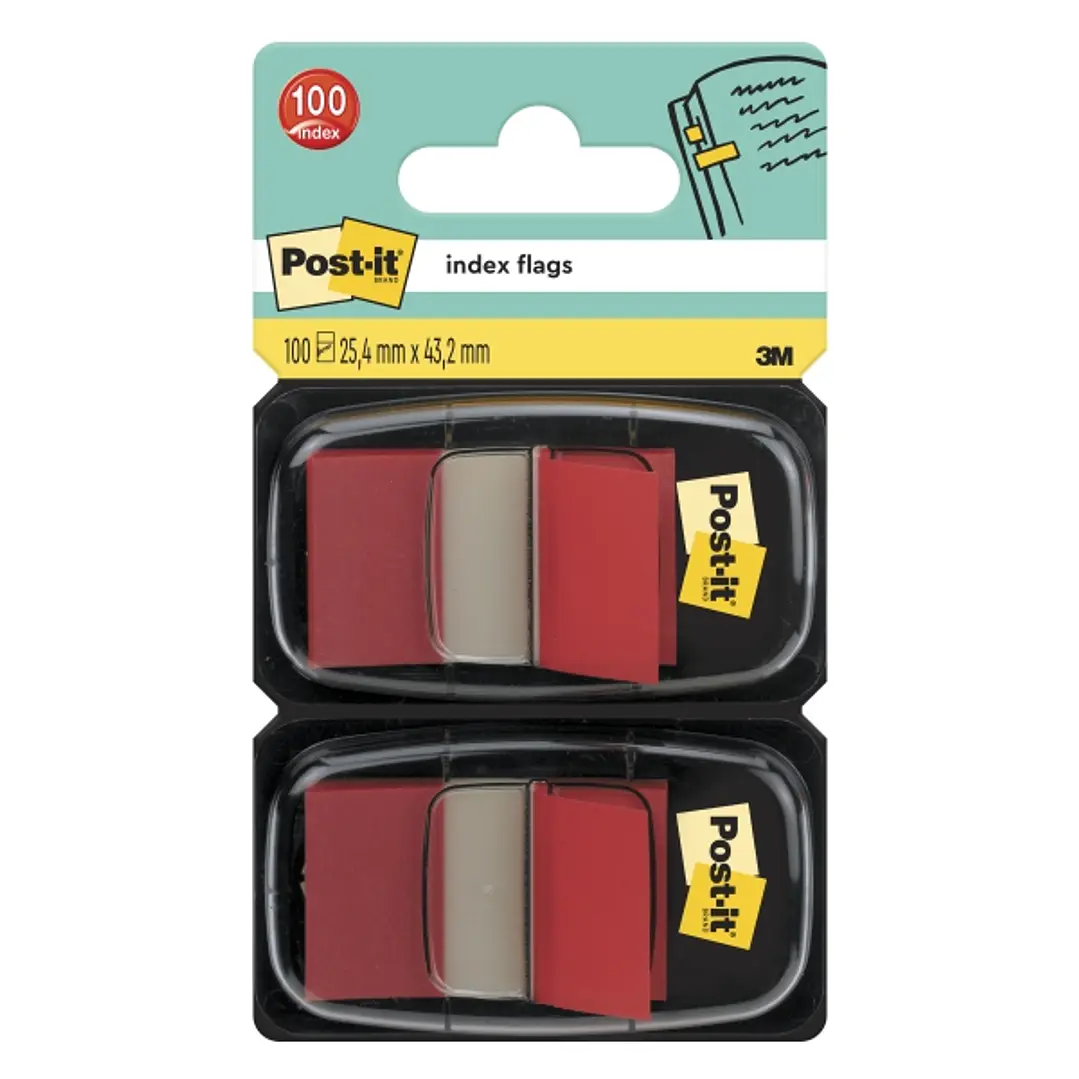 Post-It Index Pack de 2 Dispensadores con 50 Marcadores de Indice Reposicionables - Forma Rectangular - Color Rojo 1