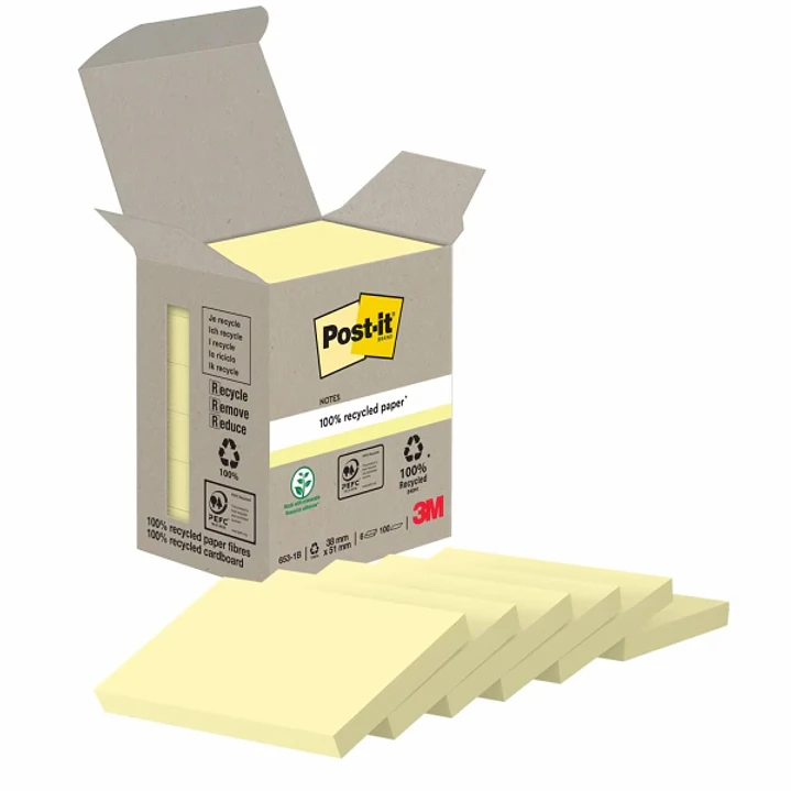 Post-It Pack de 6 Blocs de 100 Notas Adhesivas Recicladas - Forma Rectangular - 51x38mm - Color Amarillo Claro 1