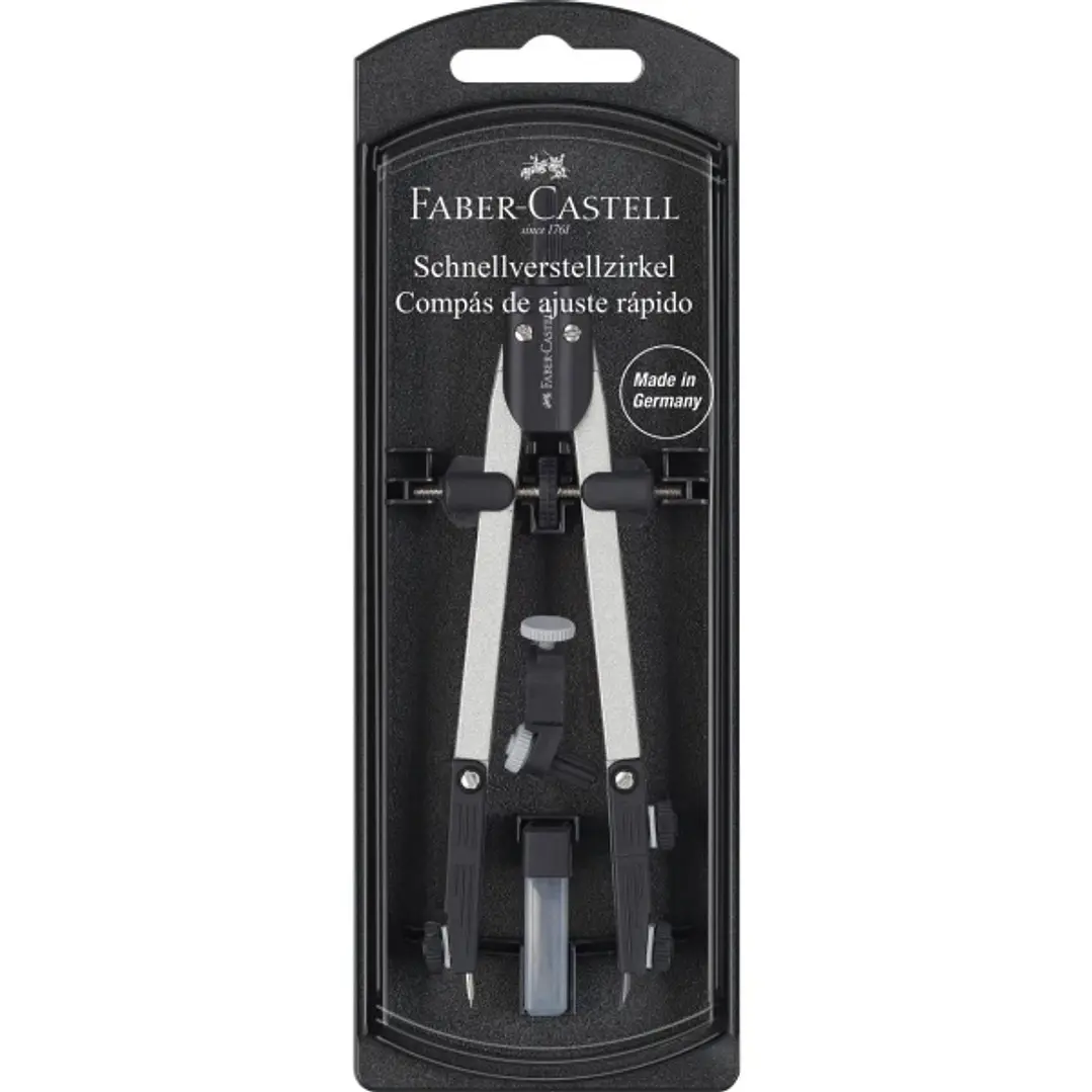 Faber-Castell Compas de Ajuste Rapido - Articulaciones en ambos Brazos - Accesorios de Recambio - Adaptador Universal 1