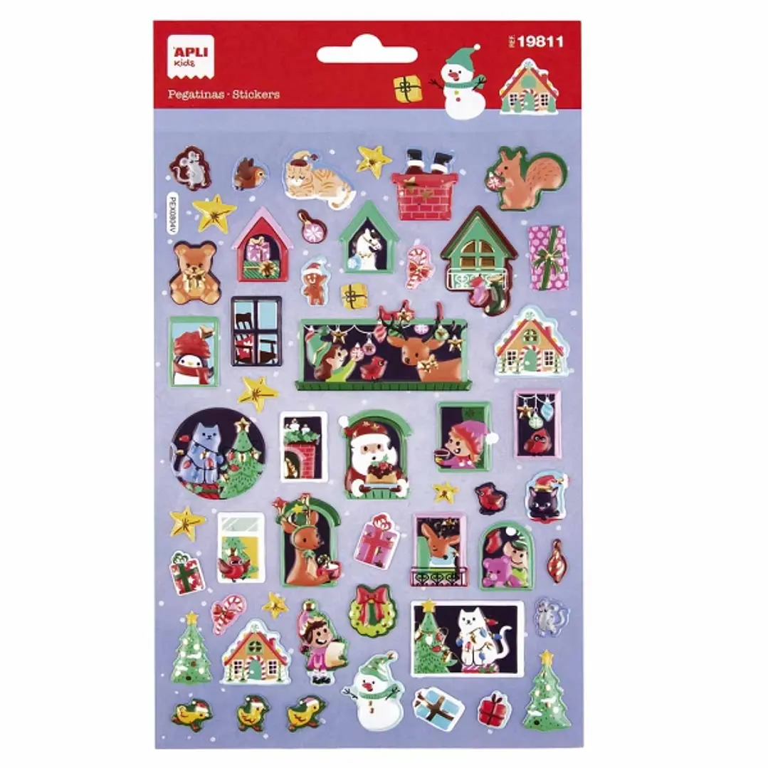 Apli Bolsa con 52 Pegatinas Navideñas Modelo Adviento Casa - Adhesivo Permanente - Motivos Navideños - Ideal para Decorar Regalos y Tarjetas 1