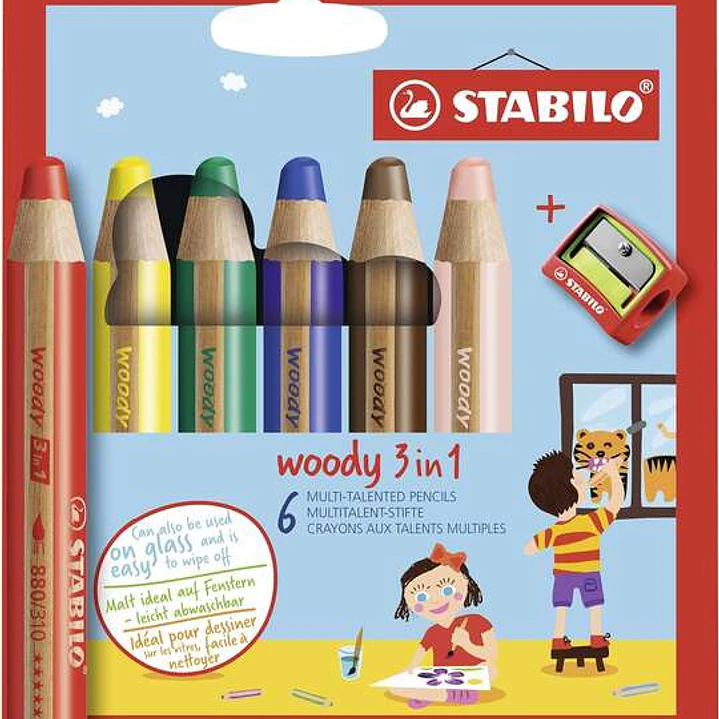 Stabilo Woody 3 en 1 Pack de 6 Lapices de Colores + Sacapuntas - Lapiz de Color, Cera y Acuarela, Todo en Uno - Mina XXL 10mm - Colores Surtidos 1