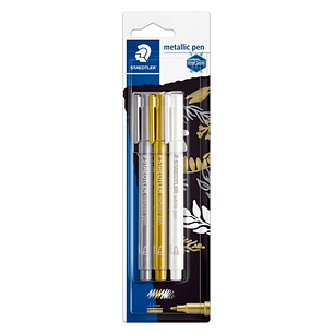 Staedtler Metallic Pen Pack de 3 Rotuladores de Punta Fina - Trazo 1 - 2mm - Tinta Base de Agua - Colores Blanco, Oro y Plata