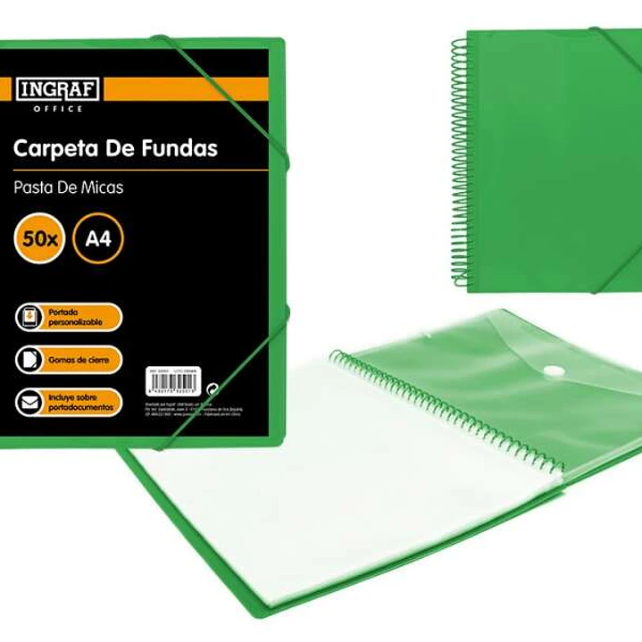 Ingraf Carpeta 50 Fundas A4 + Sobre con Broche - Espiral Plastica Indeformable - Apertura 360 Grados - Portada Personalizable - Color Verde 1