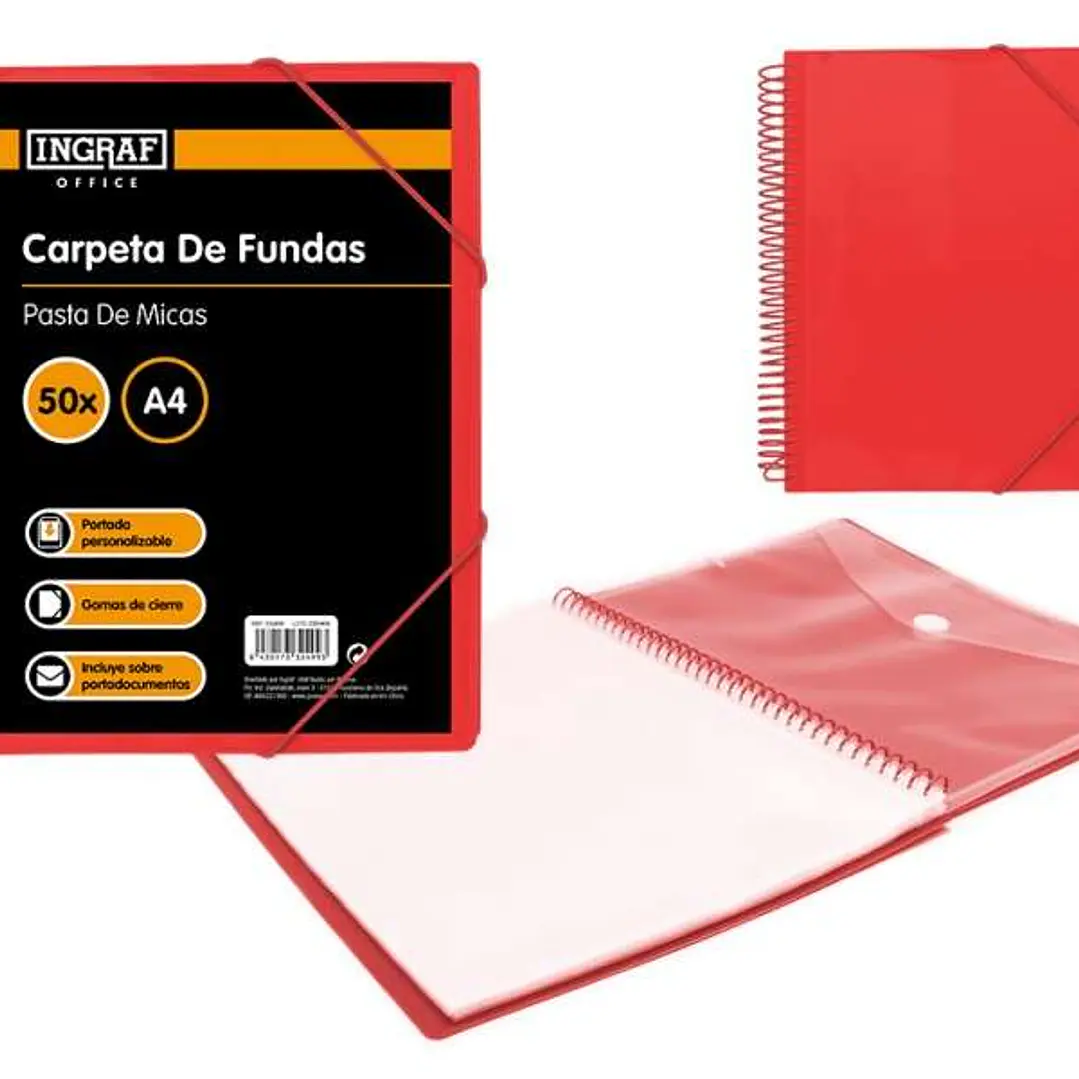 Ingraf Carpeta 50 Fundas A4 + Sobre con Broche - Espiral Plastica Indeformable - Apertura 360 Grados - Portada Personalizable - Color Rojo 1